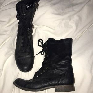 Faux Leather Black Zip Up Combat Boots